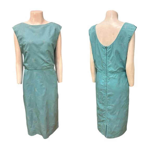 Vintage 1960s Polynesian Casuals Aqua Blue Hawaiian Wiggle Dress / Large - - Picture 3 of 4